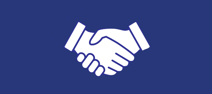 An icon of two hands shaking representing collaboration.